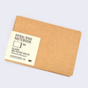 Kraft paper blank cover notebook with rounded corners and metal spiral binding on side. Small paper insert wraps around notebook and with all the specs written, which can be read in product description.