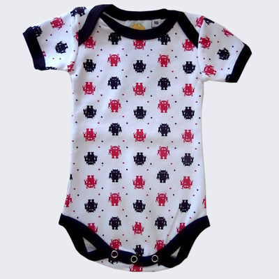 Front view of baby onesie with short sleeves. Three metal snaps on crotch seam allow for easy diaper changes. The cuffs and collar are black.