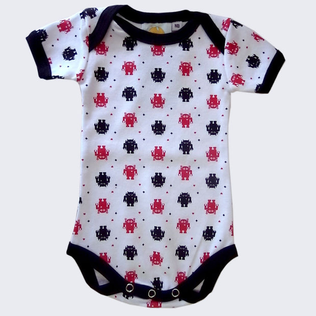 Front view of baby onesie with short sleeves. Three metal snaps on crotch seam allow for easy diaper changes. The cuffs and collar are black.