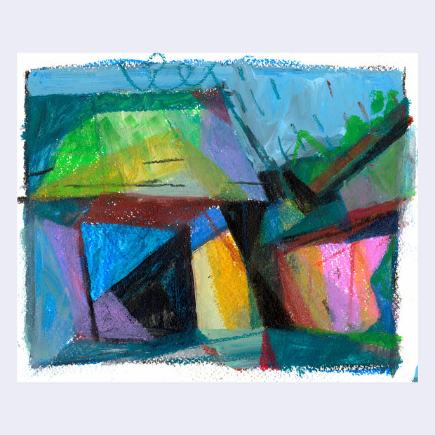 Colorful abstract pastel drawing of the front of a house with a fence on the side.