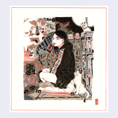 Ink and marker illustration, primarily warm browns and greys with pink accent coloring. A girl sits on the floor with her legs crossed together. She wears a short black skirt and a baggy sweatshirt that reads "Bakeneko Cafe" on the sleeve. She is in a busy room, with a completely full book shelf and kotatsu with tea on it. Next to her is a calico cat and off in the distance is a fantastical conglomeration of many calico cats.