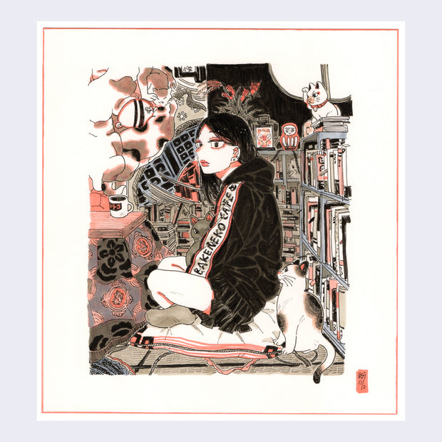 Ink and marker illustration, primarily warm browns and greys with pink accent coloring. A girl sits on the floor with her legs crossed together. She wears a short black skirt and a baggy sweatshirt that reads "Bakeneko Cafe" on the sleeve. She is in a busy room, with a completely full book shelf and kotatsu with tea on it. Next to her is a calico cat and off in the distance is a fantastical conglomeration of many calico cats.