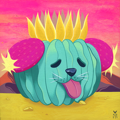 Brightly colored illustrative painting of a barrel cactus, with a dog's face and neon pink nopales for ears. It has its tongue out and atop its head is a yellow bloom, which looks like a crown. Background is a pink sunset over yellow desert ground.