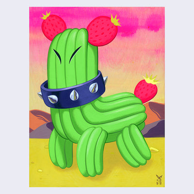Brightly colored illustrative painting of a green cactus, shaped like a dog. It has neon pink nopales ears and tail, and wears a studded collar. Background is a pink sunset over yellow desert landscape.