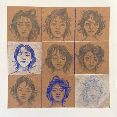 3 x 3 grid of drawings on tan paper of a girl, visible from the neck up. She has various sleepy facial expressions and messy hair in each one.