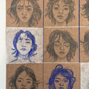  3 x 3 grid of drawings on tan paper of a girl, visible from the neck up. She has various sleepy facial expressions and messy hair in each one.