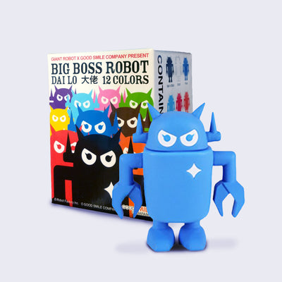 A small blue sculpted Big Boss Robot figure standing with its arms at its side. It stands in front of a single cardboard box that has illustrations of many Big Boss Robots with "Big Boss Robot" written at the top.