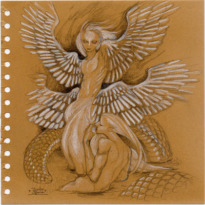 Pen drawing on brown toned paper with notebook perforation still attached. A lean, muscular figure with large white wings emerges from the ground, wearing a white cloth on its lower body. Another lean, nude figure lays in the foreground, holding a piece of the other person's cloth.