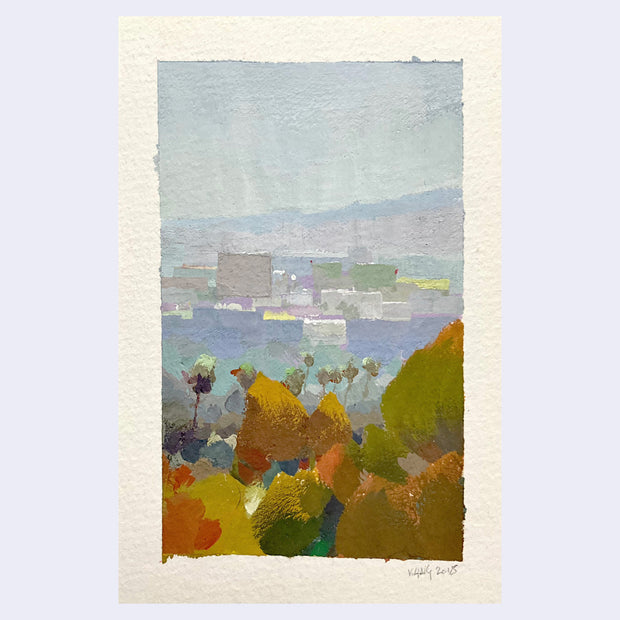 Plein air painting of a faraway city that looks dusky because of the distance. Fall colored trees stand in the foreground.