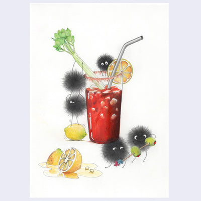 Finely shaded color pencil illustration of a bloody mary in a glass cup with a metal straw, a dripping lemon is nearby. Soot sprites are all around the scene, interacting with the drink and with a toothpick with olives on it. All white background.