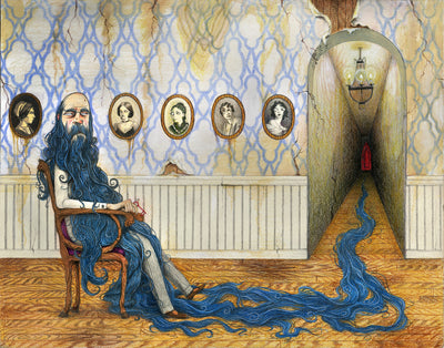 Finely detailed color pencil illustration of an older man sitting in a run down hallway, with a dramatically long blue beard wrapping around the corridor. Old fashioned portraits hang on the wall.