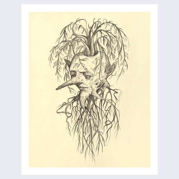 Print of pencil illustration on cream background. Roots grow out top and bottom of an old man's head.