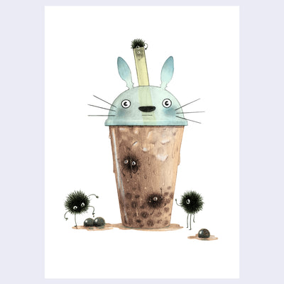 Illustration of an ice cold milk tea boba cup, dripping with condensation and in a small puddle of milk tea. The lid of the cup is a Totoro head, with soot sprites floating in the drink, standing around the cup and one lodged into the straw. Background is all white.
