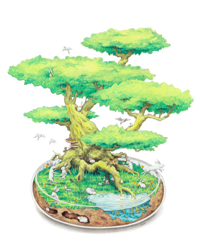 Color pencil drawing of a large bonsai tree growing out of a small, shallow glass bowl. Within the bowl are visible layers of earth, with many white bunnies playing on the grass and in a little pond. 2 bunnies can be seen in a burrow below ground.