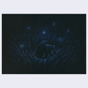 Blue ink pointillism style drawing on black paper of a sleeping rabbit, within a small clearing of tall grass with some small illuminated sparks flying nearby.
