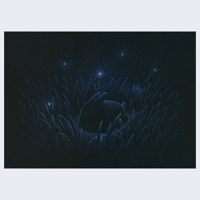 Blue ink pointillism style drawing on black paper of a sleeping rabbit, within a small clearing of tall grass with some small illuminated sparks flying nearby.