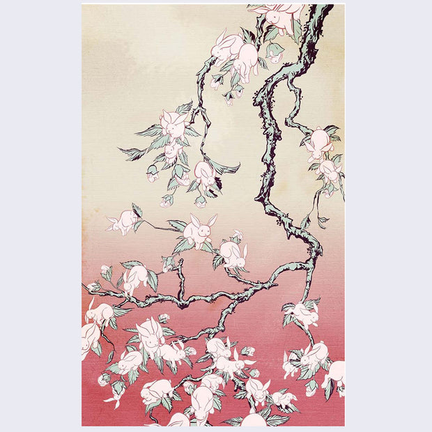 Color illustration of a bare branch, reaching down with scattered leaves and many light pink bunnies coming out of the leaves. Background is a soft green to pink gradient.