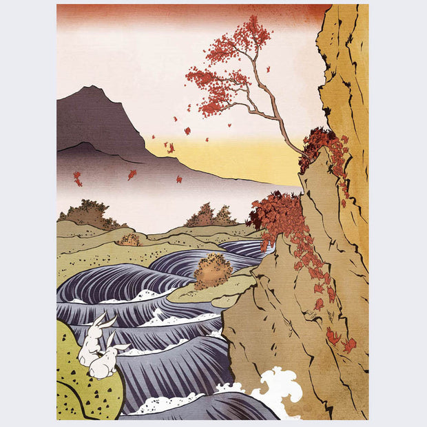 Color illustration of a fall setting, with a rushing river cutting through a nature scene in the style of a classic Japanese woodcut. Two white bunnies stand nearby.