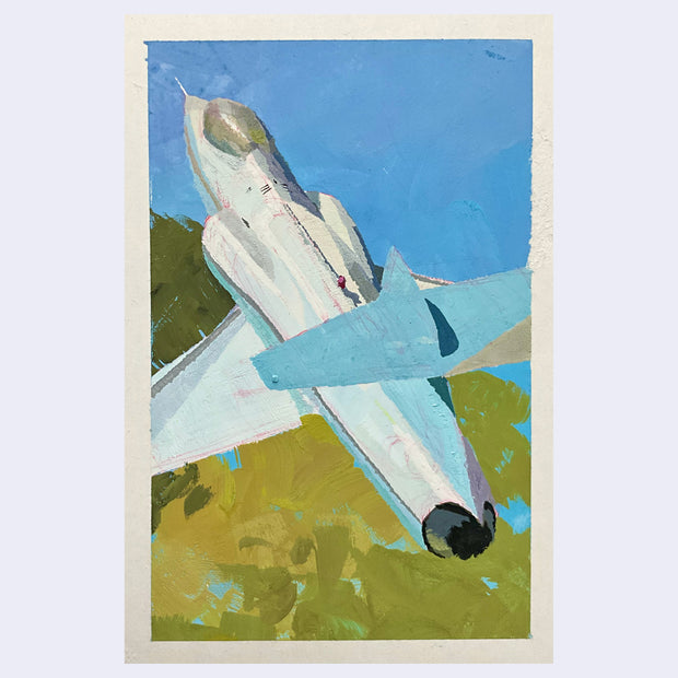 Plein air painting of sleek, white jet seen from overhead with blue and green below.