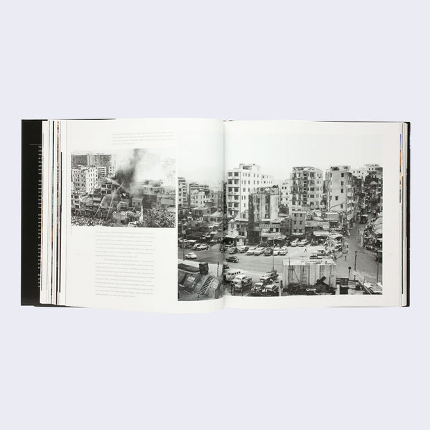 Open two page book spread. Black and white photographs of an urban city on fire and then extinguished. Information text accompanies photos. 