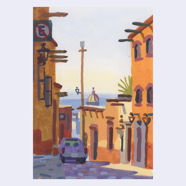 Plein air painting of a cobblestone street with a car parked and large orange Spanish style houses on each side. The ocean can be seen in the background.