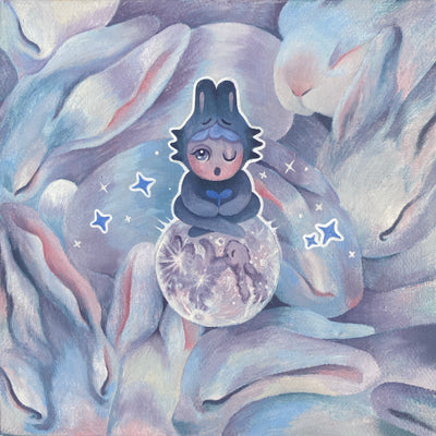 Painting using primarily cool blues, purples and pinks of a small child-like creature in a full body blue bunny costume, sitting cross legged on a small moon with a sleeping purple bunny encased within it. The background is made of many sleeping bunnies, piled upon one another.