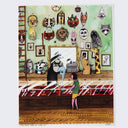 Finely detailed color pencil illustration of a mask shop, differently designed masks hanging on the wall and in the glass case. A girl talks to the vendor, who holds an elephant mask.