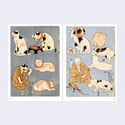 Open two page book spread. Various cats drawn in classic Japanese woodblock style, with all blue background.