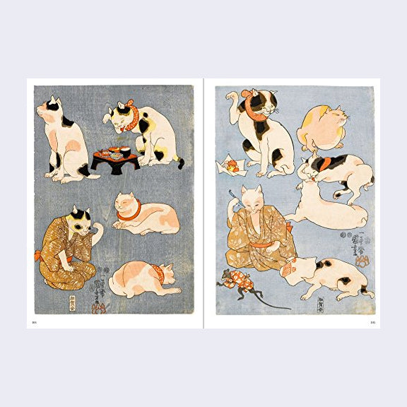 Open two page book spread. Various cats drawn in classic Japanese woodblock style, with all blue background.