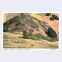 Plein air painting of a canyon landscape, with lots of browns and various greenery dotting the hills. A wavy wooden fence is at the bottom of a hill.