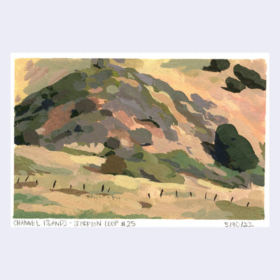Plein air painting of a canyon landscape, with lots of browns and various greenery dotting the hills. A wavy wooden fence is at the bottom of a hill.