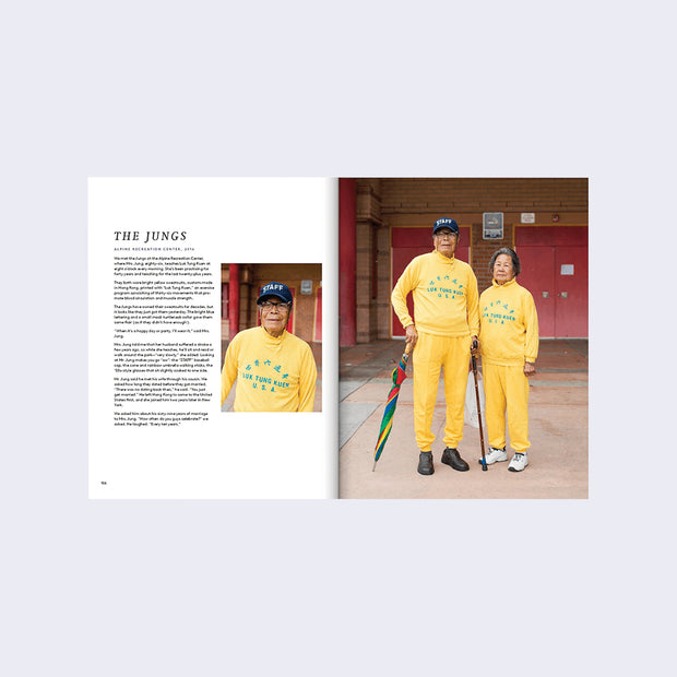 Open book spread featuring text with a header "The Jungs." Photo accompaniment of an elderly Asian couple wearing matching yellow sweatsuits.