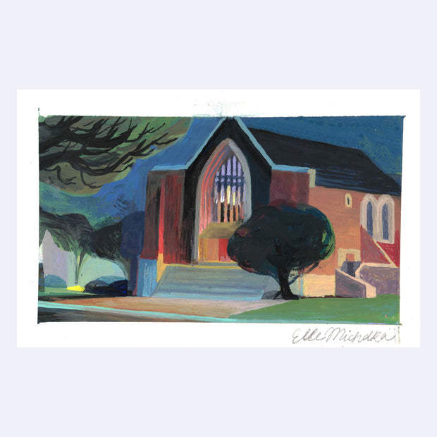Plein air painting of a church at night time, with subtle light coming out of it and street light shining on its side.
