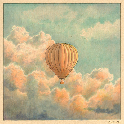 Illustration on warm brown toned paper of a hot air balloon with a small character in its basket floating amongst a cloudy sky. The hot air balloon is relatively far away, so no features of the character can be easily seen.