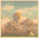 Illustration on warm brown toned paper of a large rounded semi anthropomorphic character with minimal features. It sits behind a large amount of clouds, looking down at a small house with a small character lounging on the lawn.