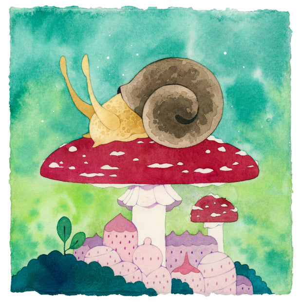 Watercolor painting of a large yellow snail with a brown shell atop a red and white mushroom. A small, slightly abstracted town stands below the mushroom, much smaller compared to snail and mushroom. Background is a light teal fading into a brighter green.
