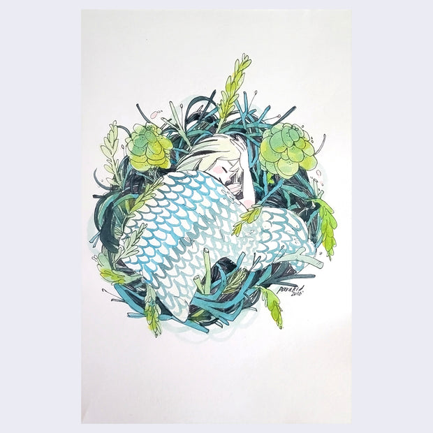 Marker drawing of a blonde girl, curled up inside of a blue and green nest made out of twigs, leaves and flowers. They're covered by a white and blue patterned blanket.
