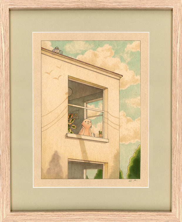 Illustration on brown toned paper. A semi anthropomorphic character sits with its head in its hands, looking out a large window of a building. Shadows of telephone wires are cast over the building. A cartoon pigeon with a drink sits atop the building. Piece is in a light wooden frame with a light olive green framing mat.