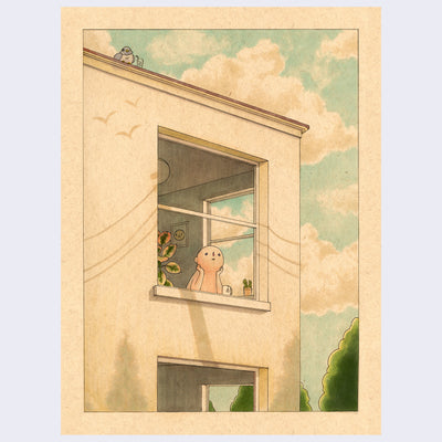 Illustration on brown toned paper. A semi anthropomorphic character sits with its head in its hands, looking out a large window of a building. Shadows of telephone wires are cast over the building. A cartoon pigeon with a drink sits atop the building.