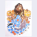 Marker drawing of a brunette girl, sitting on the floor with her knees up and her hands behind her. She has a brown scarf around her head, a blue blanket over her legs. Around her are orange pumpkins and fall leaves, with a gray cat walking on her blanket.