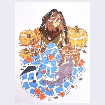 Marker drawing of a brunette girl, sitting on the floor with her knees up and her hands behind her. She has a brown scarf around her head, a blue blanket over her legs. Around her are orange pumpkins and fall leaves, with a gray cat walking on her blanket.