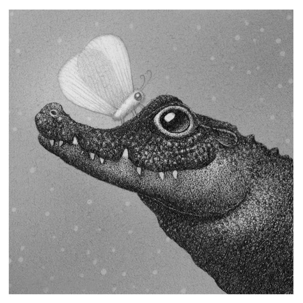 A finely detailed illustration of a semi-cartoonish crocodile, smiling kindly up at a large moth on its snout. Illustration is greyscale and maintains a slightly fuzzy visual feature.
