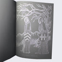 Page excerpt, of two hooded figures walking with shields through a barren forest.