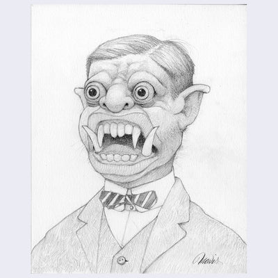Finely rendered graphite drawing of a monster with a large open mouth, visible from only the shoulders up. He wears a neat suit with a bowtie and parted hair.