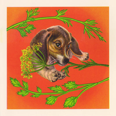 Risograph print on bright orange background of a beagle puppy, laying and chewing a large weed, which wraps around the background of the piece.