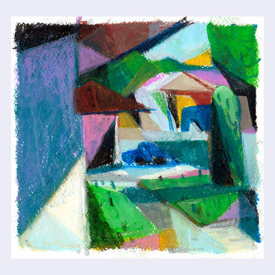 Colorful semi abstract landscape drawing using pastels of a neighborhood street with a blue car in the driveway.