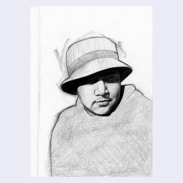 Graphite portrait of a man wearing a hoodie and a fedora style hat, which shades most of his eyes. The hat and jacket are lightly rendered while the face, looking off to the side, is highly rendered.