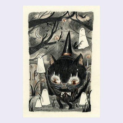 Mostly black and grey color pencil drawing on cream paper and some orange color accents, of a large headed cat with a witch hat, sitting with its head in its hands in a cemetery surrounded by simple white ghosts and floating candles. Some bare tree branches are in the background, with bats flying around. 