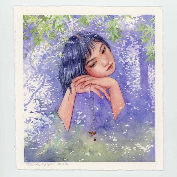 Watercolor illustration of a finely rendered woman, with her heads resting on the top of her hands, with a necklace around her hand with a fractured butterfly at the end of the chain. Only her arms and head can be seen, coming out from a purple and green setting of leaves and forestry.