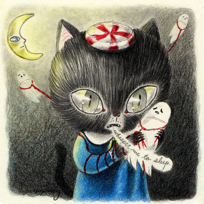 Color pencil illustration of a cartoon black cat, with large glossy eyes and a peppermint on its head, intertwined in a red thread that connects to several ghosts. "Whisper my to sleep" is written coming out of the cat's mouth.